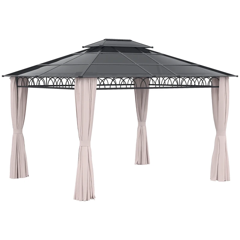 Outsunny 10' x 12' Outdoor Hardtop Gazebo Canopy w/ Double PC Roof, Steel Frame, Nettings, Curtains for Garden Lawn Deck, Khaki