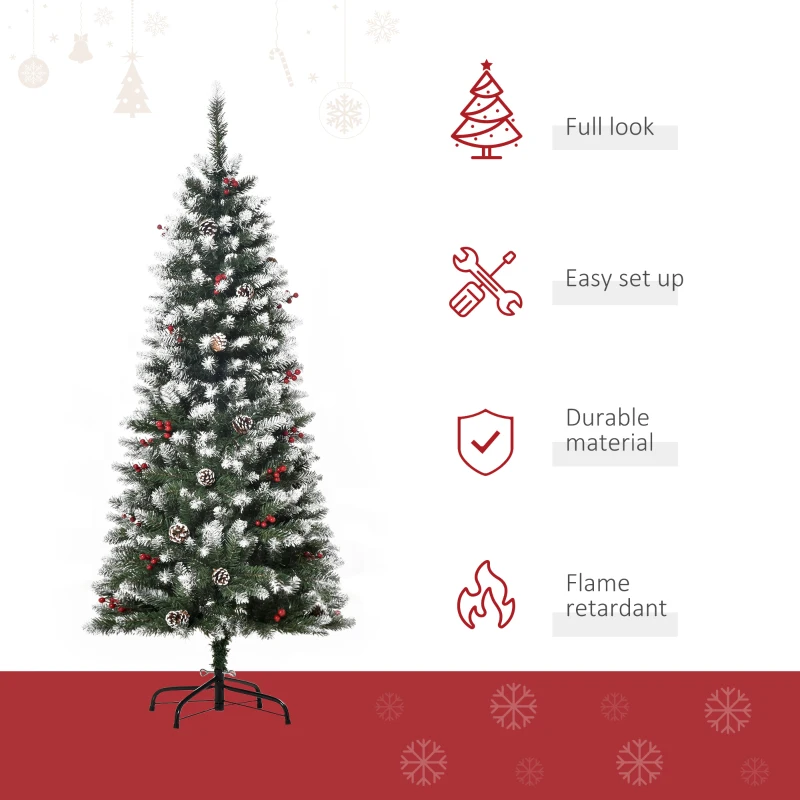 HOMCOM 5ft Decorated Christmas Tree with Red Berries and Pine Cones, Flocked Christmas Tree with Pencil Shape, Green