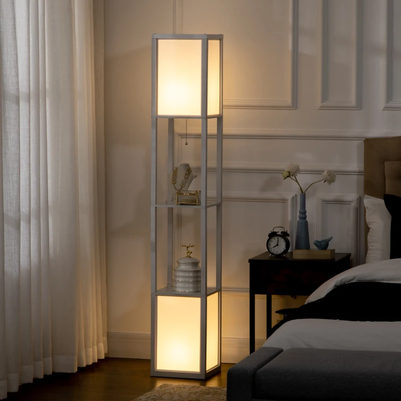 HOMCOM Modern Shelf Floor Lamp with Dual Ambient Light, Standing Lamp Living Room, Bedroom, 10.25"x10.25"x61.5", White