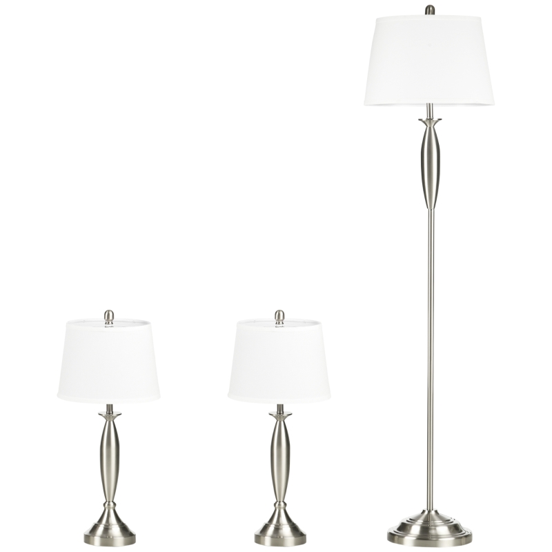 HOMCOM Boho Desk Lamp & Floor Lamps Set of 3, 3 Piece Lamp Set for Living Room, Bedroom, & More, Linen Lampshade, Steel Base, Silver