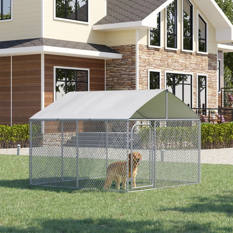 PawHut Outdoor Dog Kennel, Heavy Duty Dog Run Outdoor Fence with Waterproof Cover, Galvanized Chain Link, Secure Lock, 7.5' x 7.5' x 5.6'