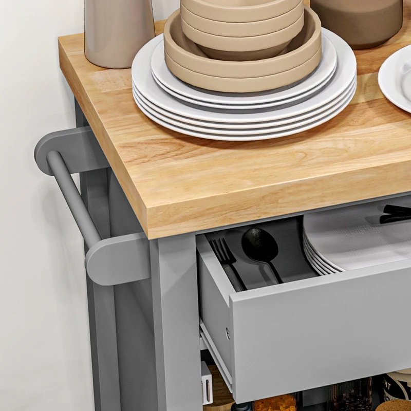 HOMCOM Kitchen Island on Wheels, Rolling Kitchen Cart with Rubberwood Top, Drawer, Wine Rack and Cabinet, Gray