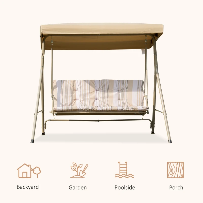 Outsunny 3-Seat Patio Swing Chair, Outdoor Porch Swing Glider with Adjustable Canopy, Removable Cushion, Steel Frame, Breathable Mesh Seat for Garden, Poolside, Brown