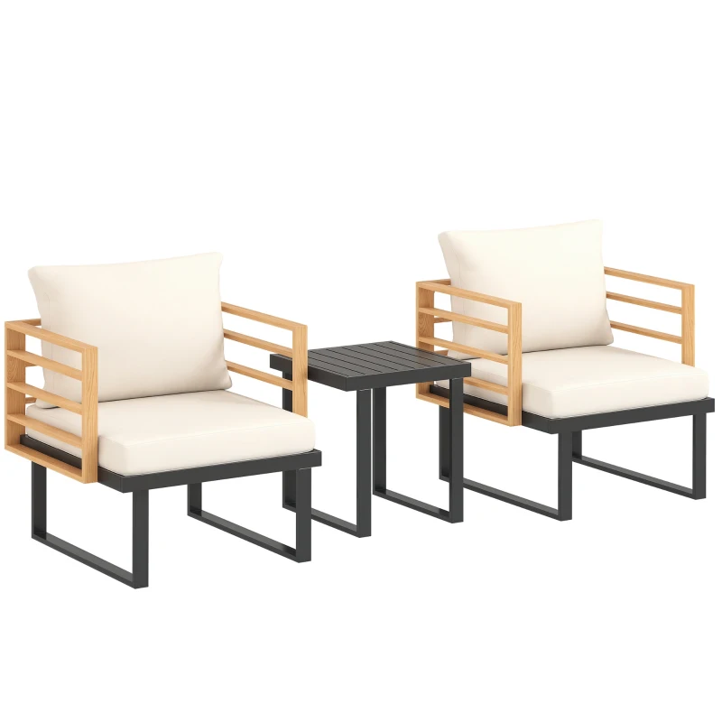 Outsunny 3 Piece Metal Bistro Set, Small Patio Furniture Set with Cushions, Armchairs, Slatted Table for Backyard Balcony, Beige