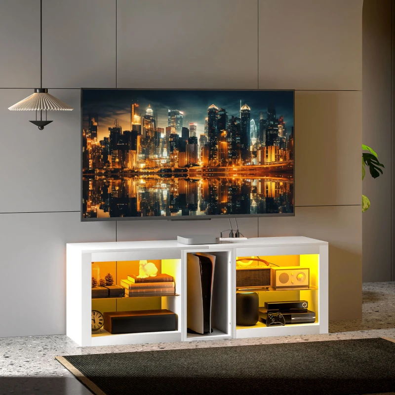 HOMCOM TV Stand Center for 55" with LED Lights and Power Outlets TV Television Cabinet with Adjustable Shelves High Gloss White