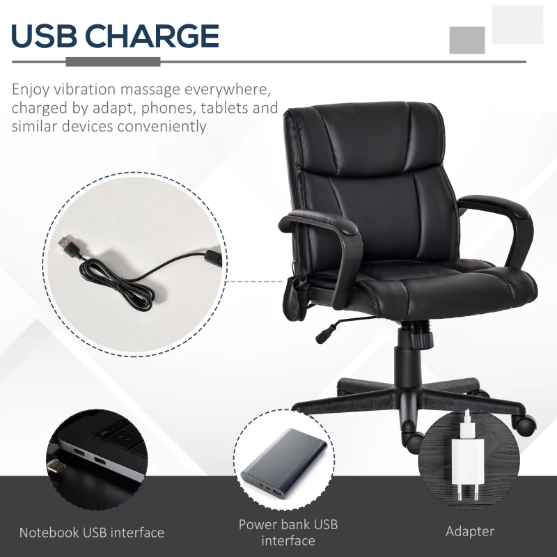 Vinsetto Mid Back Home Office Chair with 2-Point Lumbar Massage, USB Power, Faux Leather Desk Computer Chair, Black