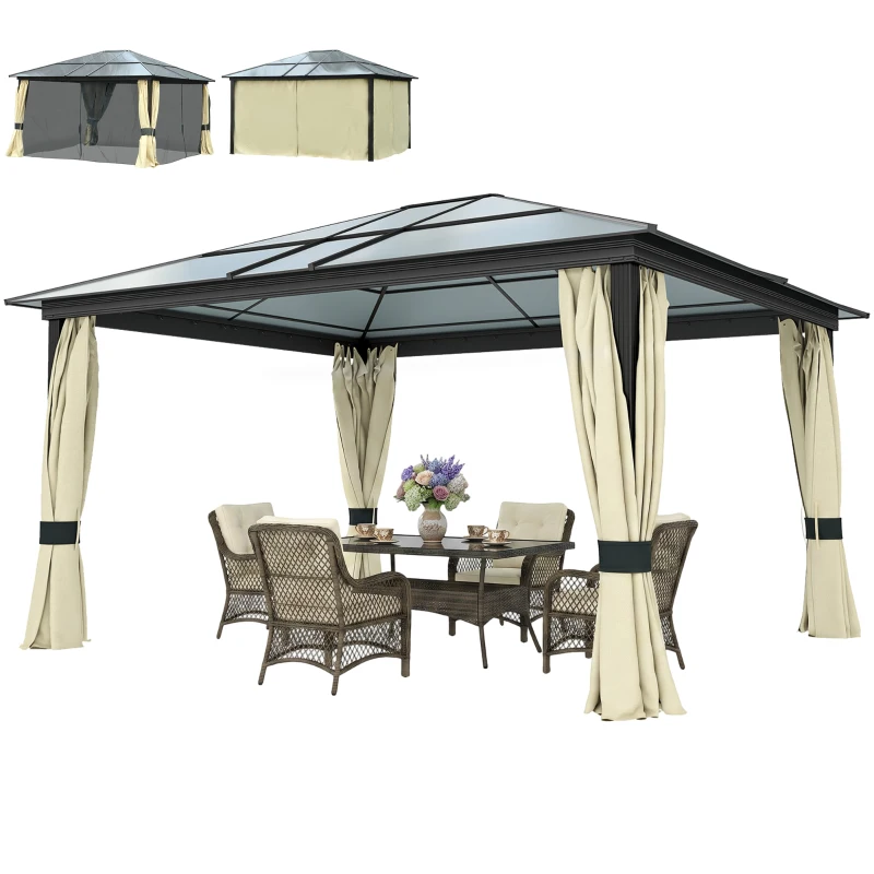 Outsunny 12' x 14' Hardtop Gazebo Canopy with Polycarbonate Roof, Aluminum Frame, Netting and Curtains, Brown
