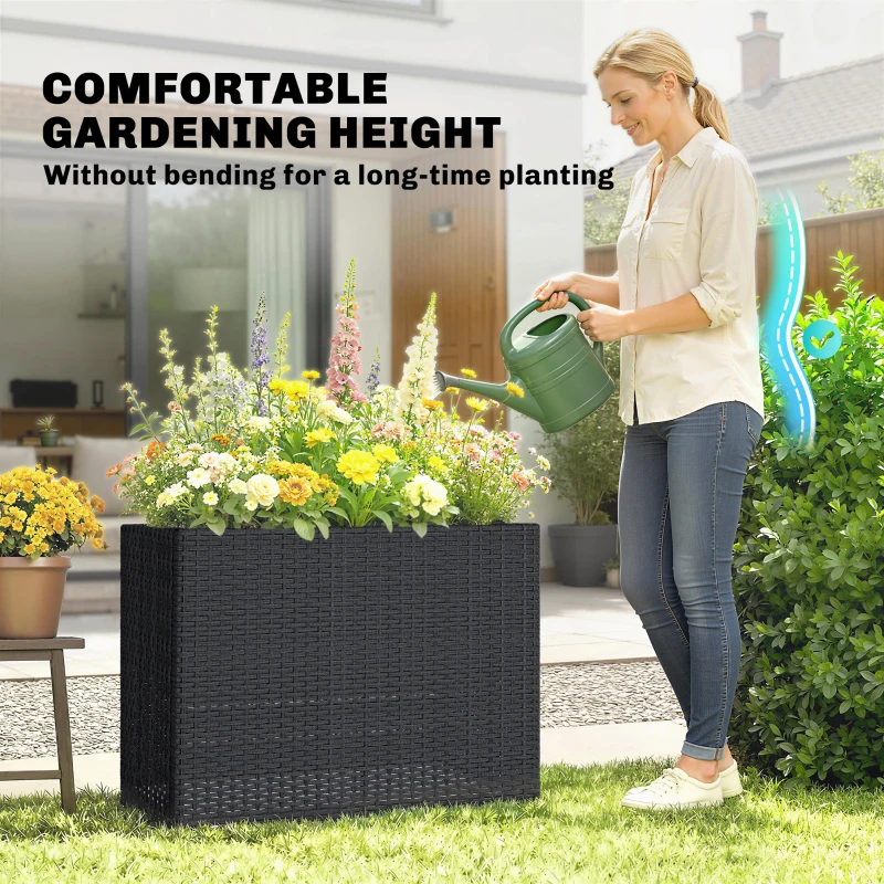Outsunny Tall Rectangular Planter with Removable Liner, Holes, PE Wicker Large Planter Box for Indoor Outdoor Plants, Black
