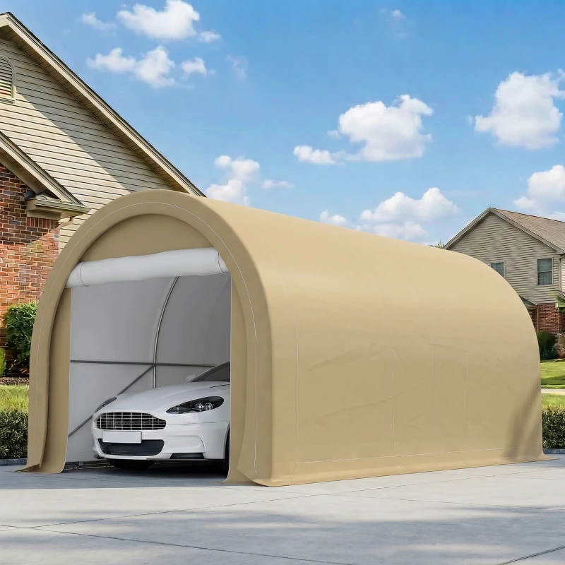 Outsunny 10' x 16' Heavy Duty Portable Carport Tent with Zippered Door, PE Cover for Car, Boat, Motorcycle, Bike, Beige