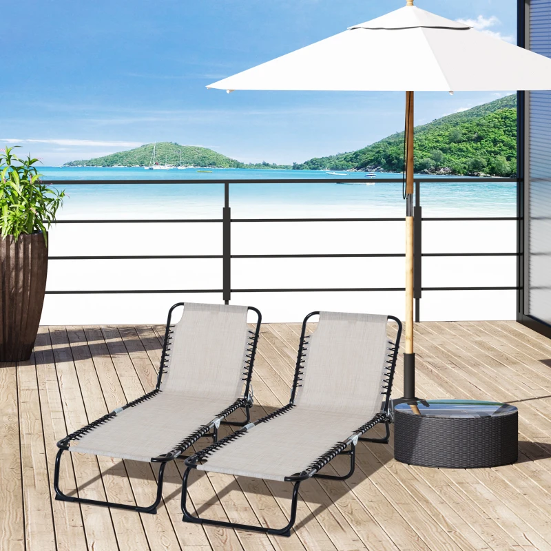 Outsunny Set of 2 Folding Chaise Lounge Chairs, Outdoor Sun Tanning Chairs with Reclining Back, Cream White