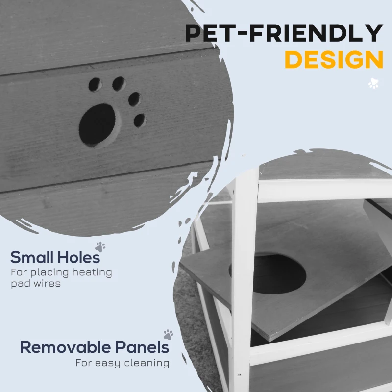 PawHut Wooden Outdoor Cat House with Asphalt Roof, Escape Doors, Condo, Jumping Platform, Light Gray