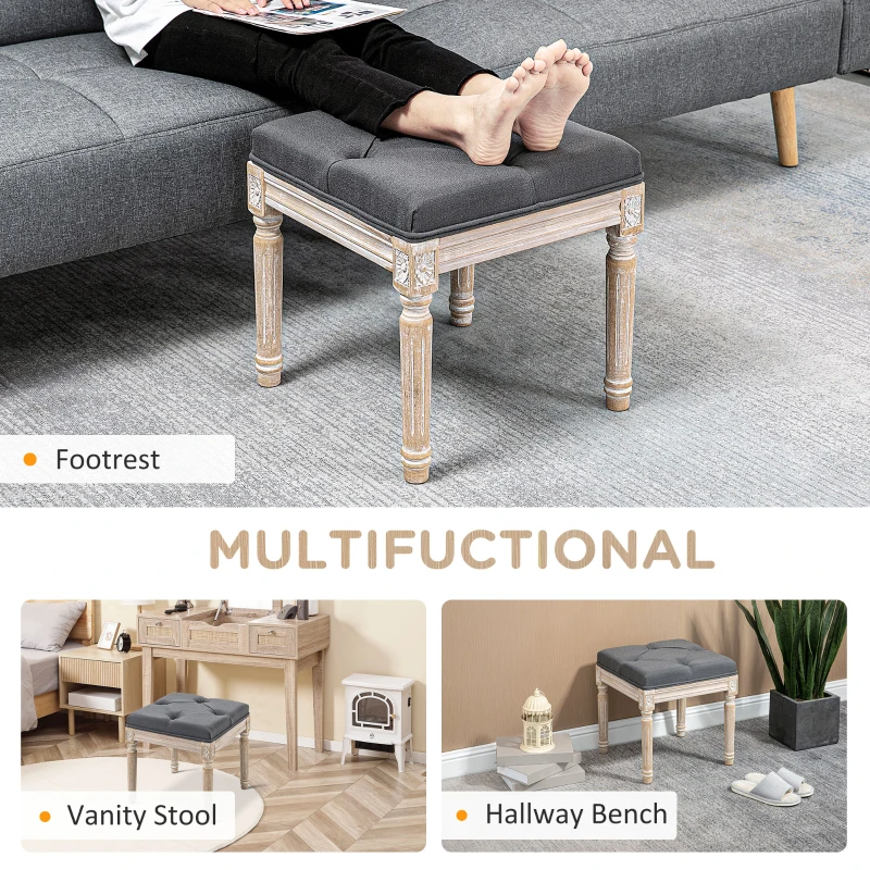 HOMCOM 16" Vintage Ottoman, Tufted Foot Stool with Upholstered Seat, Rustic Wood Legs for Bedroom, Living Room, Gray