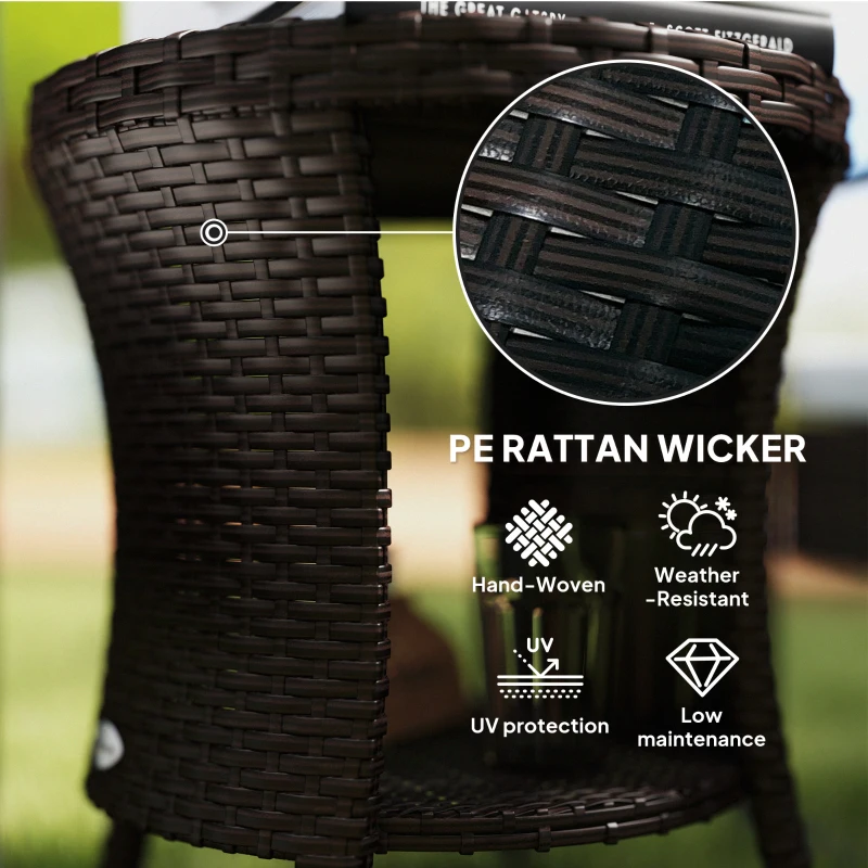 Outsunny 18" Wicker Outdoor Coffee Table, PE Rattan Patio Side Table with 2-Tier Storage, Composite Wood Top, Brown