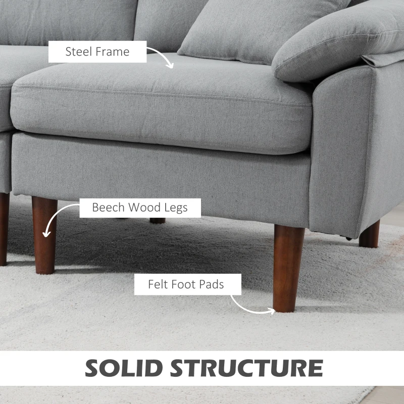 HOMCOM L Shape Sofa, Modern Sectional Couch with Reversible Chaise Lounge, Pillows and Wooden Legs for Living Room, Gray