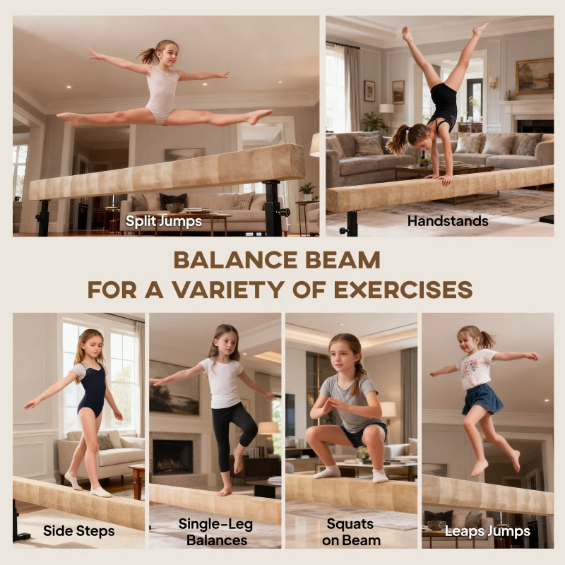 Soozier 7.5ft Adjustable Balance Beam, Gymnastics Beam with Wheels, Gymnastics Equipment for 6+ Years Old Training, Practice, and Professional Home Training, Brown