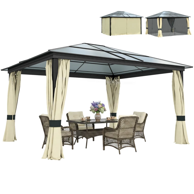 Outsunny 12' x 14' Hardtop Gazebo Canopy with Polycarbonate Roof, Aluminum Frame, Netting and Curtains, Brown