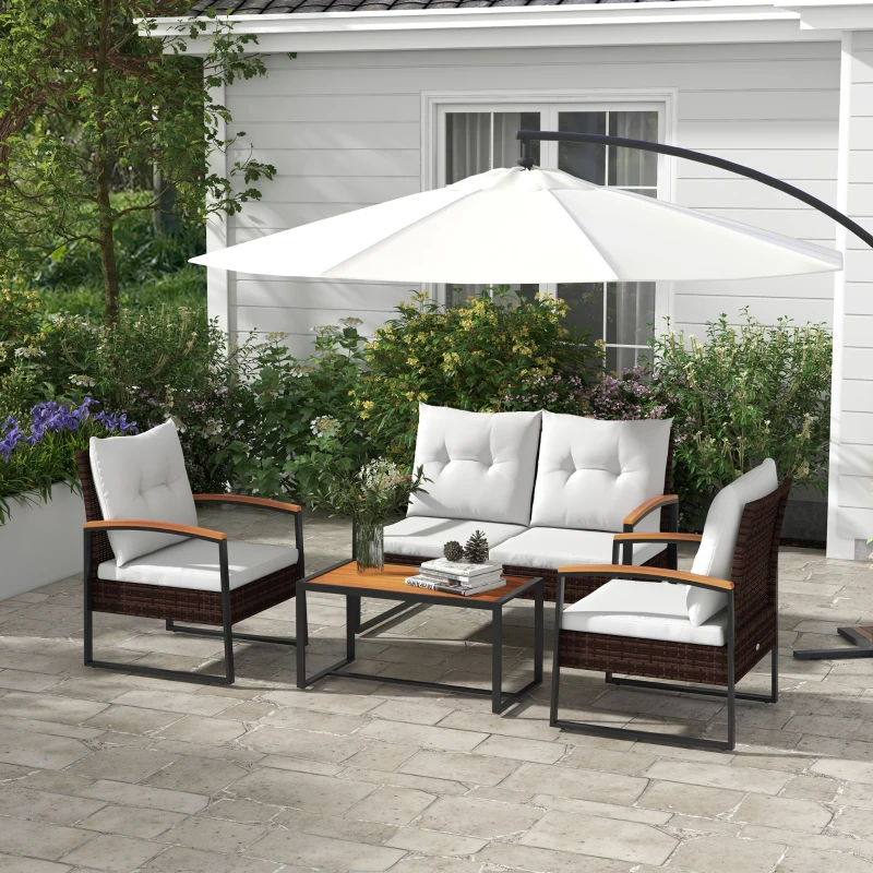 Outsunny 4 Piece Rattan Patio Furniture Set with Loveseat Sofa, Chair, Wood Coffee Table, Cushions for Outdoor, Backyard, White
