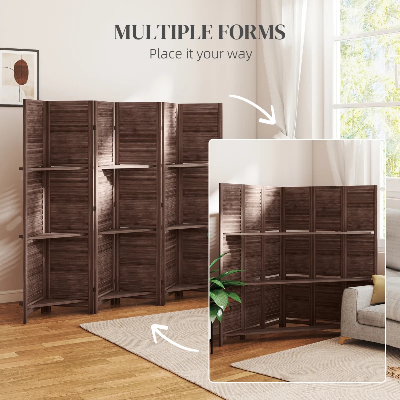 HOMCOM 6 Panel 67" Tall Wood Privacy Screen Room Divider with 3 Shelves and Folding Storage for Bedroom, Walnut