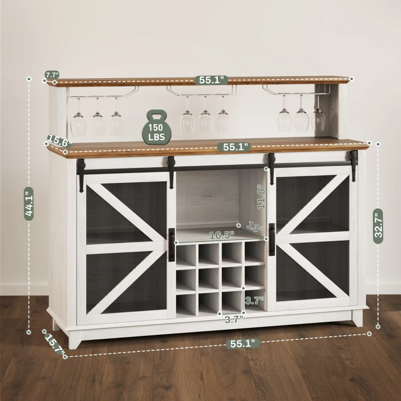 HOMCOM 55" Coffee Bar Cabinet with Lights, Farmhouse Wine Cabinet with Wine and Glass Racks for Kitchen, Dining Room, White
