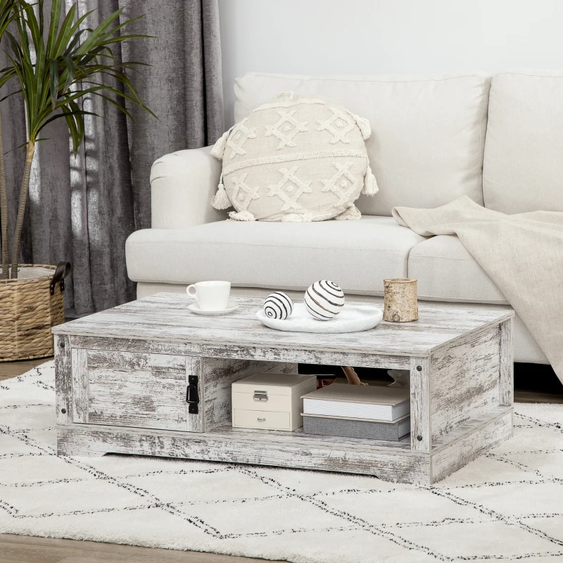 HOMCOM Coffee Table, Vintage Style Center Table with Cabinet, Open Storage Compartments, Coffee Tables for Living Room, Bed Room, White