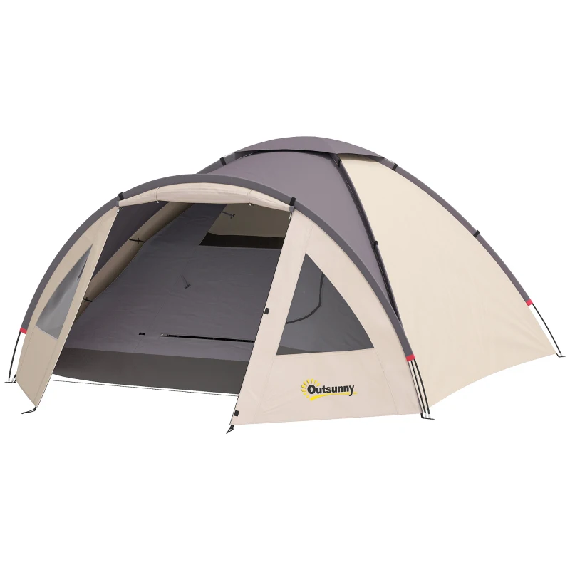 Outsunny 2 Person Camping Tent, Waterproof Family Dome Tent with Bedroom, Porch, Sewn-in Groundsheet and Hook, Khaki