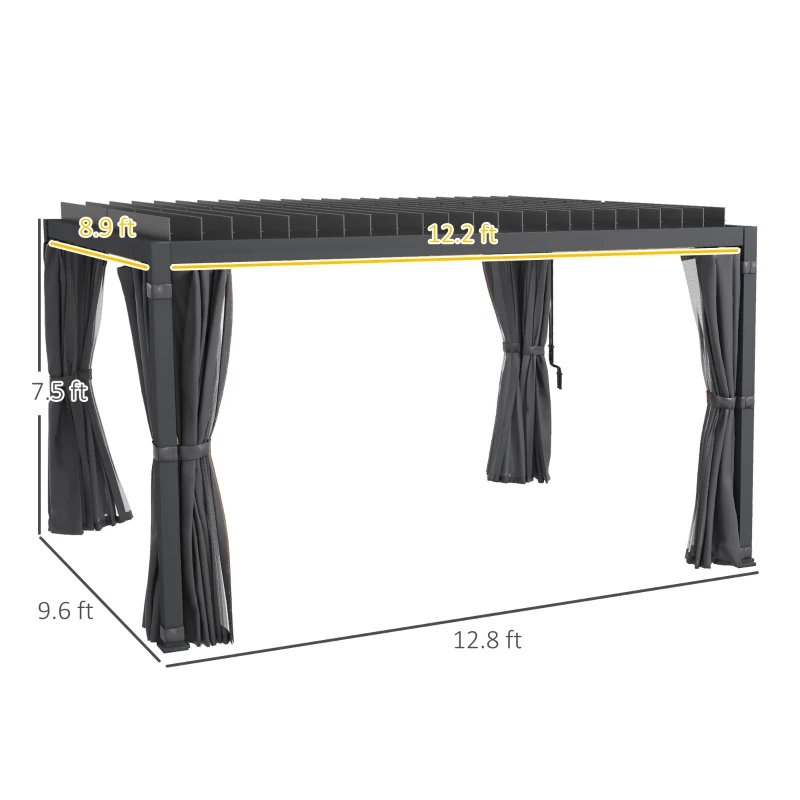 Outsunny 10' x 13' Outdoor Retractable Pergola w/ Sun Shade Aluminum Louvered Top, Pergola w/ Canopy, Curtains, Netting, Gray