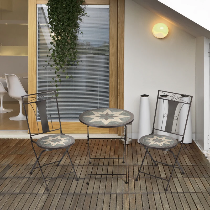 Outsunny 3 Piece Patio Bistro Set, Mosaic Pattern Metal Folding Chairs, Foldable Outdoor Dining Table for Decor, Garden, Poolside, Porch, Brown