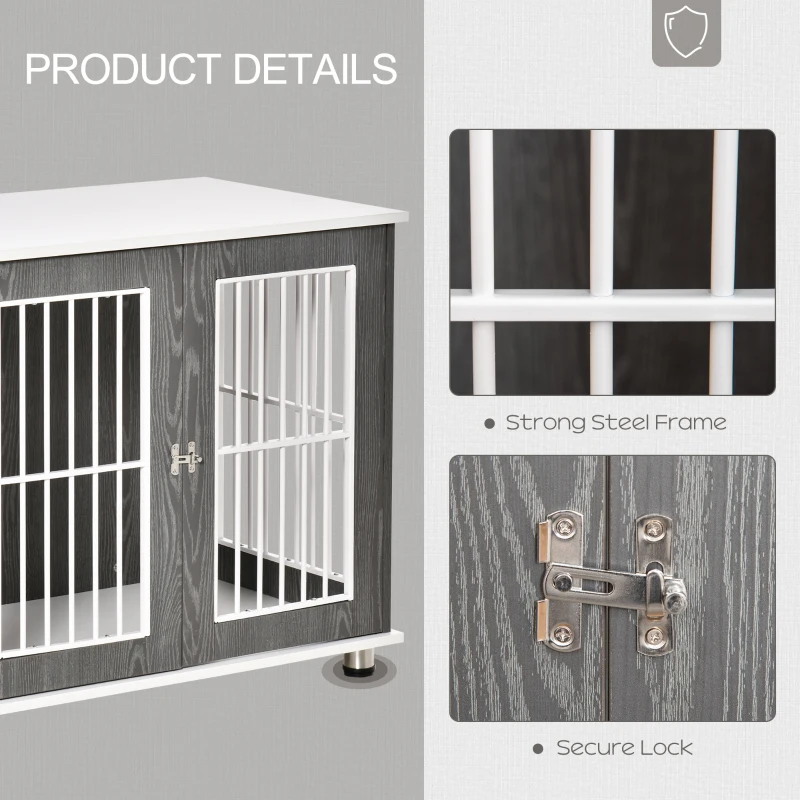 PawHut 34'' 2-in-1 Wooden Dog Kennel, Modern Wire Animal Crate, Pet Cage with Lockable Door and Adjustable Foot Pads, for Small and Medium Dogs, Grey and White