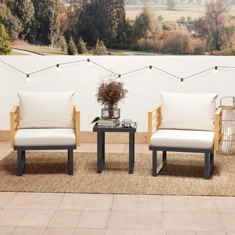 Outsunny 3 Piece Metal Bistro Set, Small Patio Furniture Set with Cushions, Armchairs, Slatted Table for Backyard Balcony, Beige
