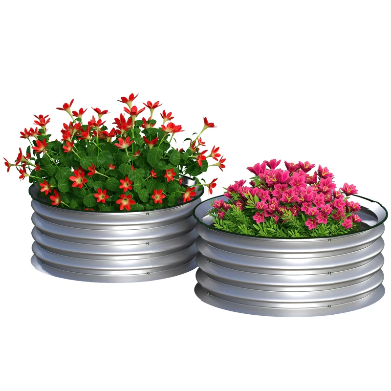 Outsunny Set of 2 Raised Garden Bed, Metal Planter Box with Safety Edging, Easy-to-assemble Stock Tank 2'x2'x1' Silver