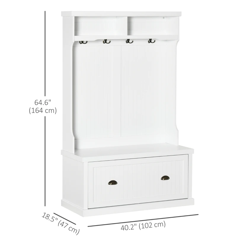 HOMCOM 64.5" H Hall Tree with Storage Drawer & Top Shelf, Coat Rack Wooden Entryway Storage Bench Hall Tree Hallway Clothes Bag Coat Rack 4 Hooks, White