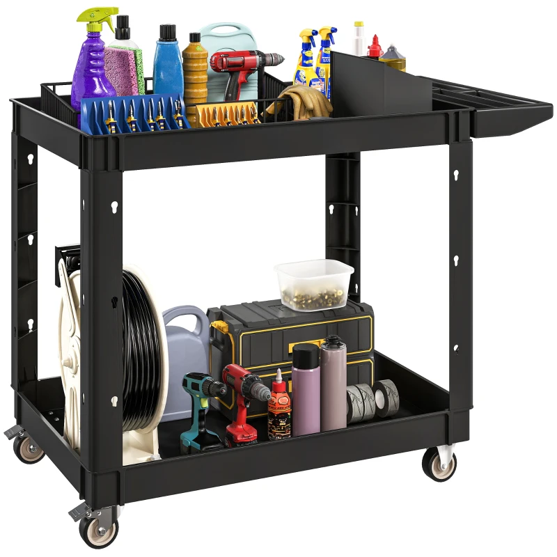 HOMCOM 2-Tier Rolling Tool Cart with Wheels, 500 LBS Capacity Plastic Utility Cart with Handle for Garage, Warehouse, Black