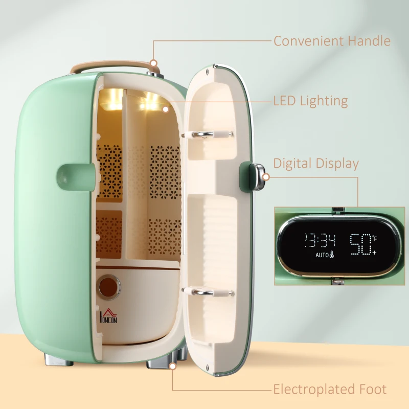 HOMCOM Portable Skincare Fridge with LED Display, Small Refrigerator Cooler, 12L Mini Fridge for Makeup and Cosmetics, Green