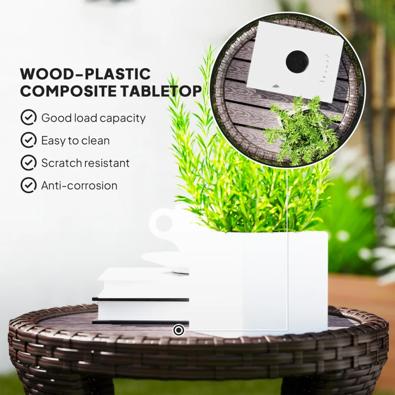 Outsunny 18" Wicker Outdoor Coffee Table, PE Rattan Patio Side Table with 2-Tier Storage, Composite Wood Top, Brown
