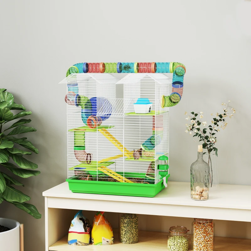 PawHut 18.5" 5 Tier Hamster Cage with Tubes and Tunnels, Small Animal Cage, Rat Gerbil Cage with Water Bottle, Food Dish, Exercise Wheel, Green