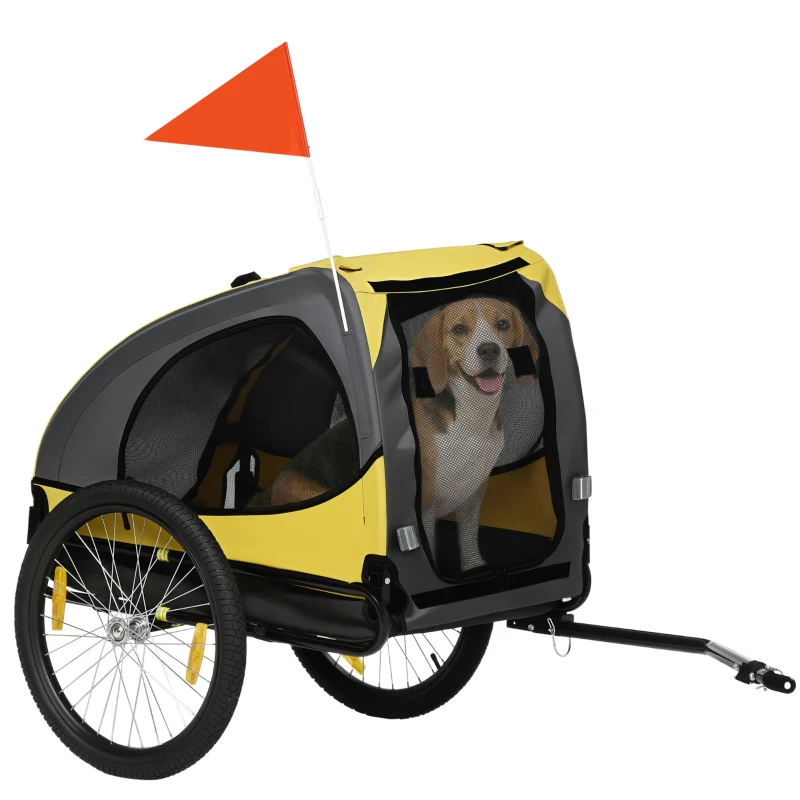 Aosom Dog Bike Trailer with Hitch Coupler, Quick Release Wheels, Reflectors, Flag for Medium Dogs, Yellow