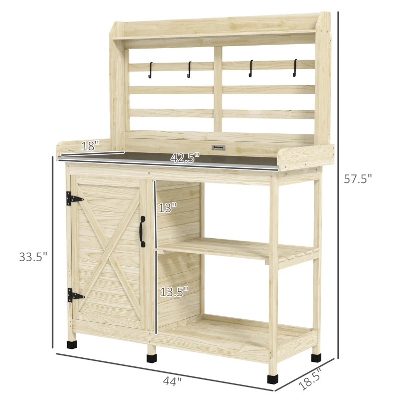 Outsunny Wooden Potting Bench with Storage, Aluminum Tabletop for Backyard, Patio, Balcony, Natural