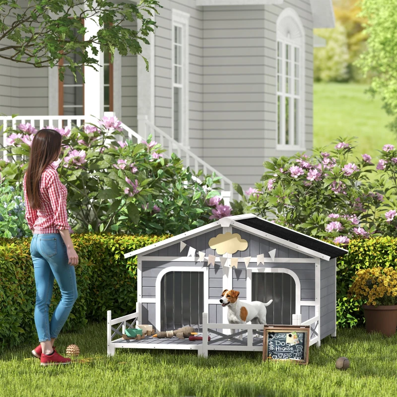 PawHut Dog House Outdoor, Wooden Dog Kennel Weatherproof with Porch, Openable Roof, Removable Bottom, Elevated Floor, Double Room for 2 Small to Medium Breeds, Gray
