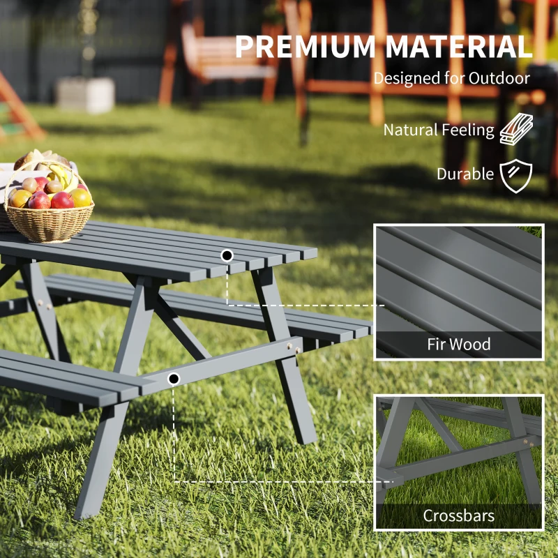 Outsunny Wood Picnic Table, Camping Table and Bench Set with Umbrella Hole for Outdoor, Garden, Patio, Backyard, Grey