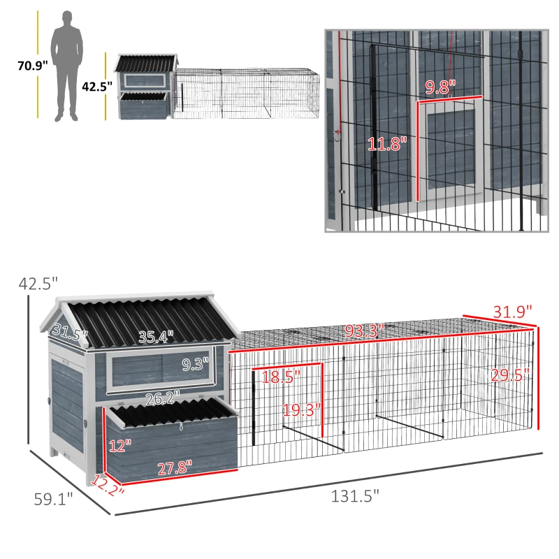 PawHut 11' x 5' x 3.5' Wooden Chicken Coop with Nesting Box, Run, Pull-out Tray, Perches for 2-4 Chickens, Dark Gray