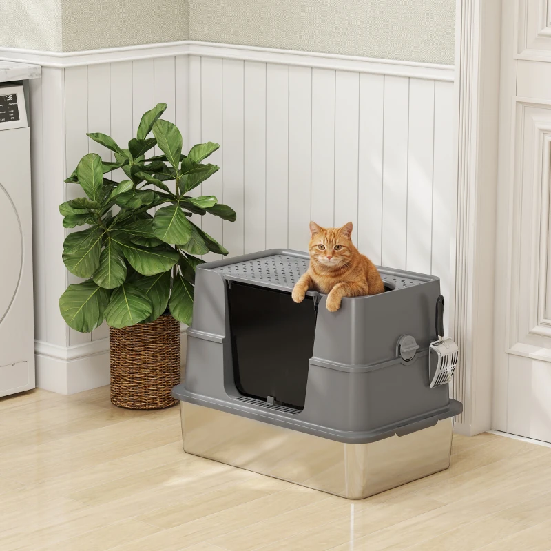 PawHut XL Stainless Steel Litter Box w/ 100° Flip Top, Scoop, Top & Side Entry Enclosed Litter Box for Big Cats
