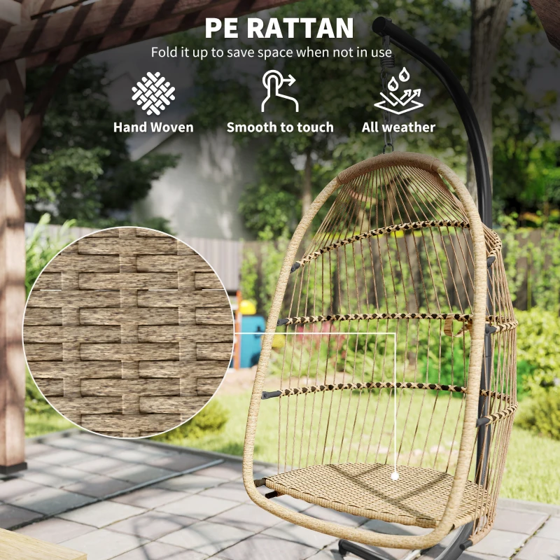 Outsunny Wicker Egg Swing Chair with Stand, Foldable Hanging Egg Chair with UV Resistant Cushion, Headrest, Beige