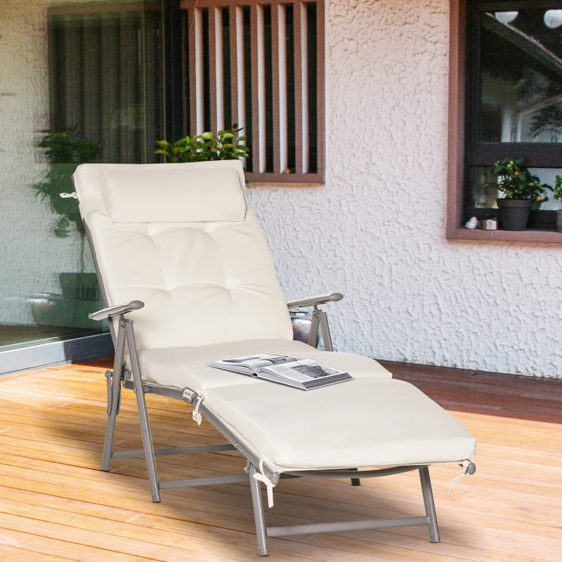Outsunny Lounge Chair Outdoor, Folding Patio Chaise Lounger, 360 lbs 7-Position Adjustable Back Outdoor Recliner with Cushion, Headrest for Garden, Backyard, Poolside, Cream White