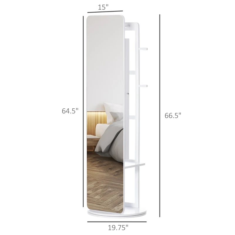 HOMCOM Full Length Glass Mirror with Hidden Jewelry Cabinet and Pine Wood Clothing Rack, White
