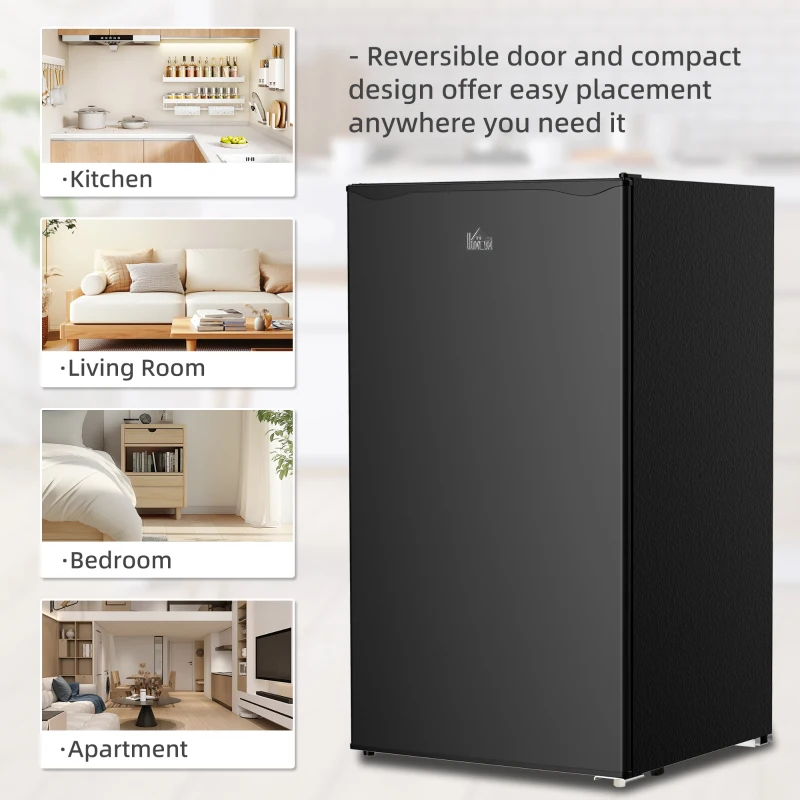 HOMCOM 3.2 Cu.Ft Mini Fridge with Freezer, Compact Refrigerator with Adjustable Thermostat, Shelf and Single Reversible Door for Bedroom, Dorm, Home Office, Energy Efficient, Black
