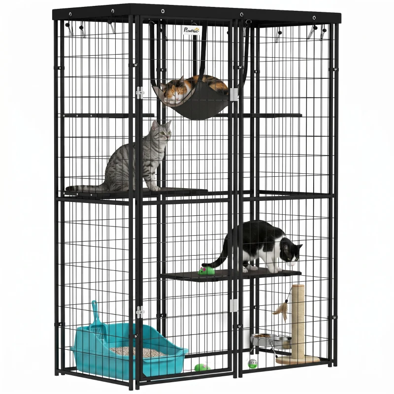 PawHut Metal Cat Cage with Waterproof Cover, 4 Platforms, Hammock, Washable Cushions for 1-3 Kittens, 46.5" x 22" x 62", Black