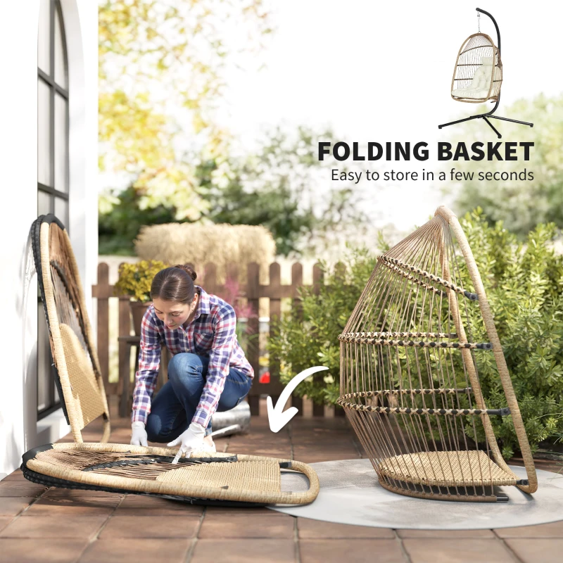 Outsunny Wicker Egg Swing Chair with Stand, Foldable Hanging Egg Chair with UV Resistant Cushion, Headrest, Beige
