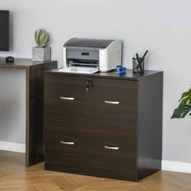 Vinsetto 2-Drawer File Cabinet with Lock and Keys, Lateral Storage Filing Cabinet with Hanging Bar for Letter Size, Home Office, Walnut