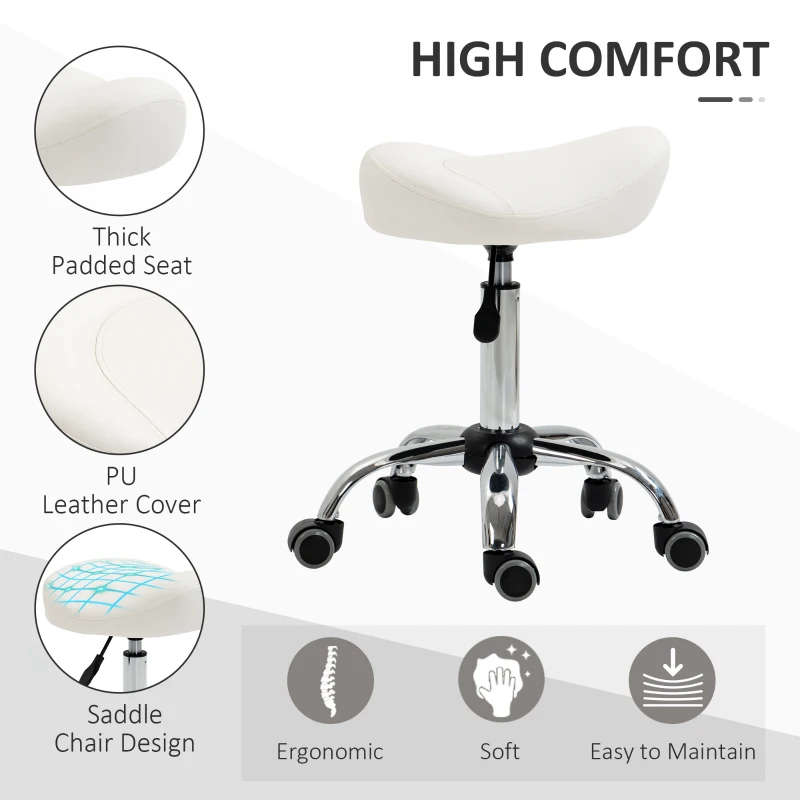 HOMCOM Ergonomic Saddle Stool with Wheels, Adjustable PU Leather Saddle Chair, 360° Swivel, NO Back Pain, Healthy Posture, Salon Chair for Massage Medical Home, White