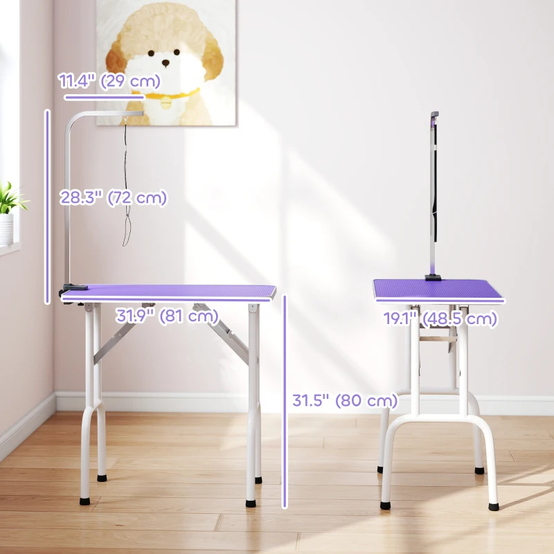PawHut Foldable Pet Grooming Table for Dogs Cats with Adjustable Arm, Non-slip Surface, Purple